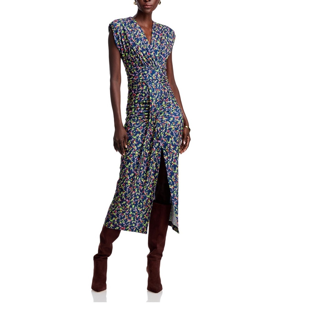 ESSENTIEL ANTWERP HEWING DRESS NIGHTSHADE FLORAL PRINT RUCHED V‎ NECK MAXI SMALL